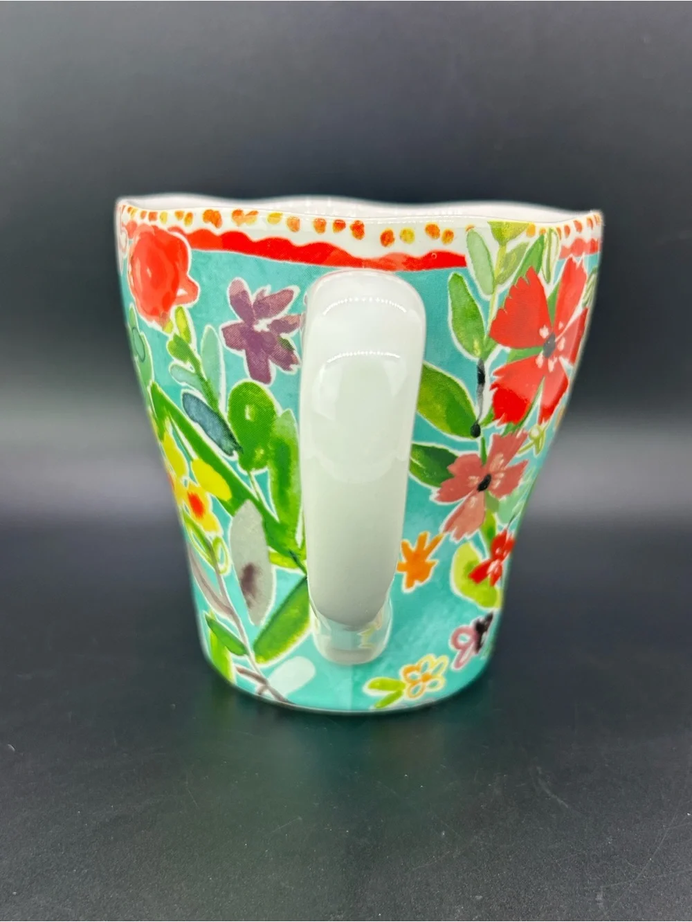 Vintage Pier 1 Colorful Butterfly Floral Ceramic Mug Cup Turquoise Background